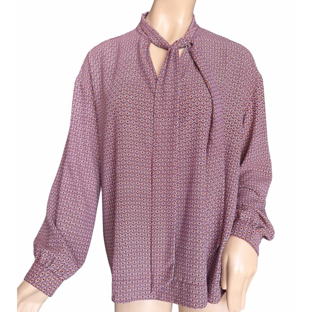 Rachel Zoe Tie Keyhole Neck Blouse Sz Large Prism‎ Geometric Multicolor Career